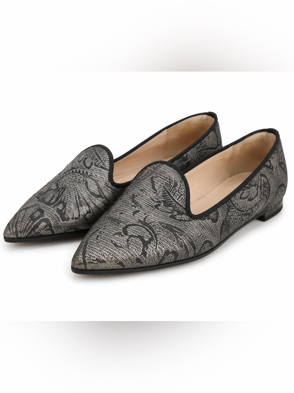 Brenda Zaro Metallic Silver Floral  Pointed Toe Loafers Size 8.5 Made in Spain